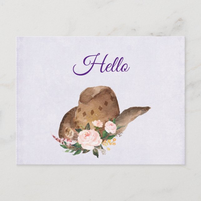 Carte Postale Casquette Brown Cowgirl avec fleurs roses Bonjour (Devant)