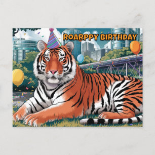 Carte Postale casquette d'anniversaire portant le tigre du benga