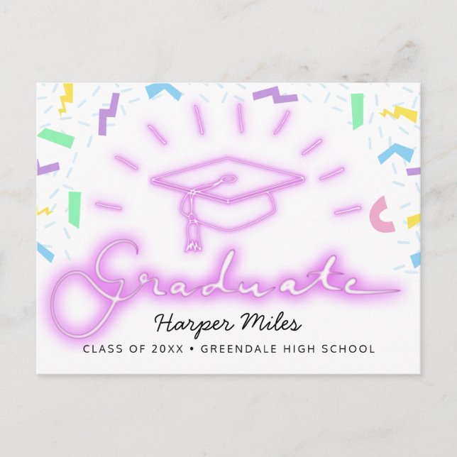 Carte Postale casquette de graduation de néon rose rétro des ann (Devant)