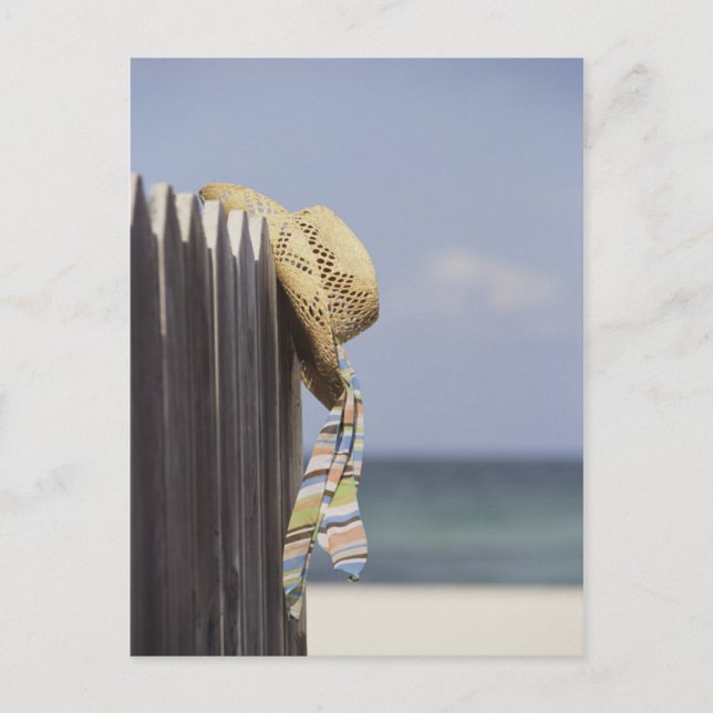 Carte Postale Casquette De Paille Accroché À La Clôture À La Pla (Devant)