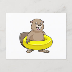 Carte Postale Castor à la natation avec anneau de natation