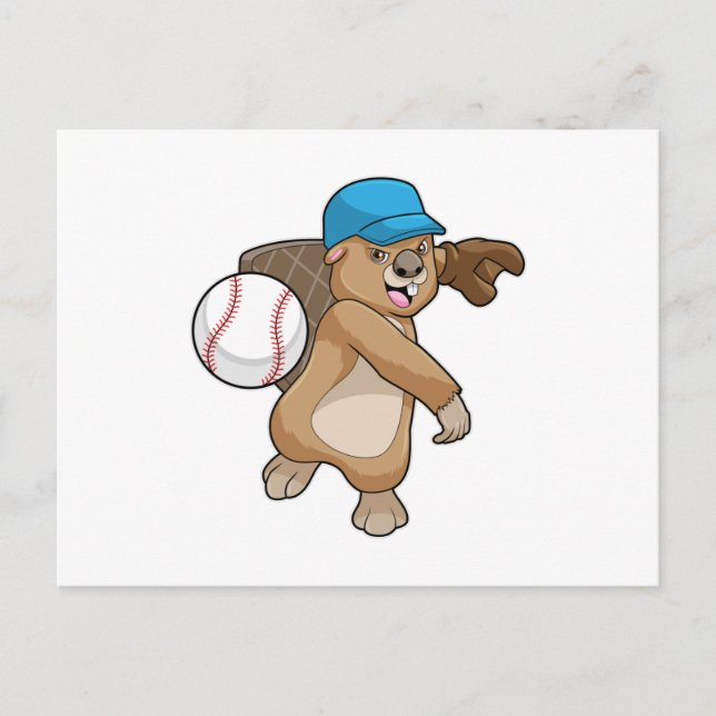 Carte Postale Castor au Baseball Sports avec Casquette (Devant)
