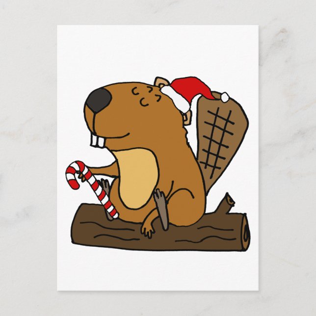 Carte Postale Castor mignon avec un chapeau de Père Noël dessin  (Devant)