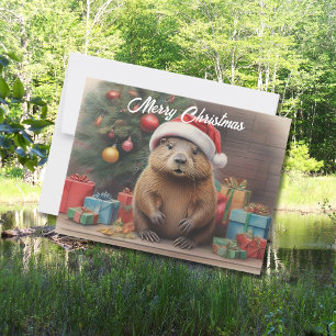 Carte Postale Castor portant un chapeau santa avec des cadeaux d