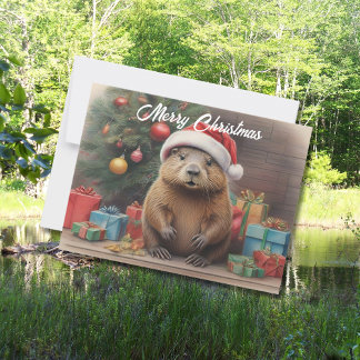 Carte Postale Castor portant un chapeau santa avec des cadeaux d