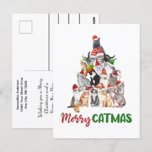 Carte Postale Cat Christmas Tree Amoureux des chats Noël Fêtes d