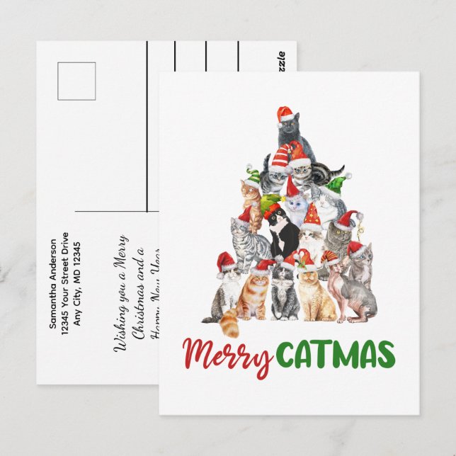 Carte Postale Cat Christmas Tree Amoureux des chats Noël Fêtes d (Devant / Derrière)