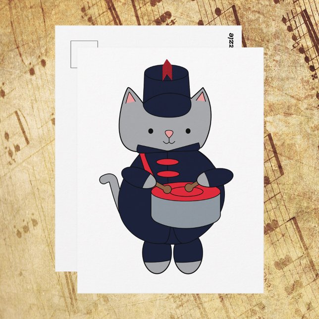 Carte Postale Cat Drummer Marching Band Navy Blue and Red (A postcard with a cat playing the drums in a navy blue & red marching band uniform.)
