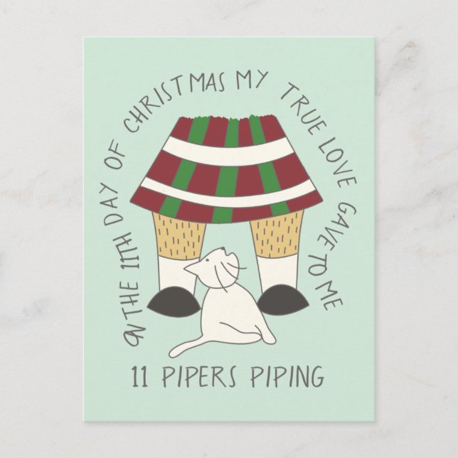 Carte Postale Cat Onzième Jour 11 Pipers Piping Noël (Devant)