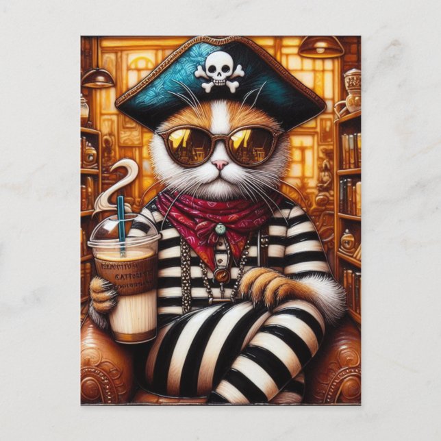 Carte Postale Cat pirate boire de l'icedcafé encausée style art (Devant)