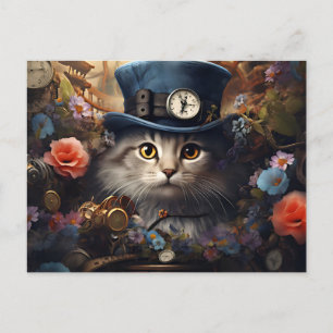 Carte Postale cat with Cylinder and flowers in steam Punk Style