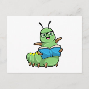 Carte Postale Caterpillar Nerd avec livre et lunettes