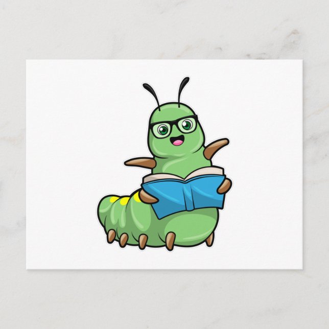 Carte Postale Caterpillar Nerd avec livre et lunettes (Devant)