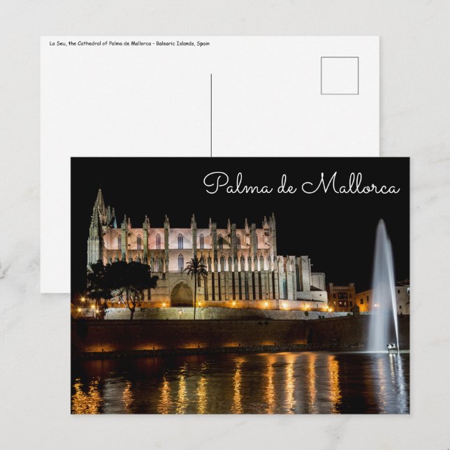 Carte Postale Cathédrale de Palma de Majorque la nuit - Espagne (Devant / Derrière)