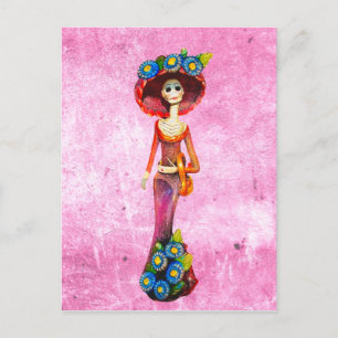 Carte Postale Catrina Avec Robe Rouge & Fleurs Bleues Sur Rose W