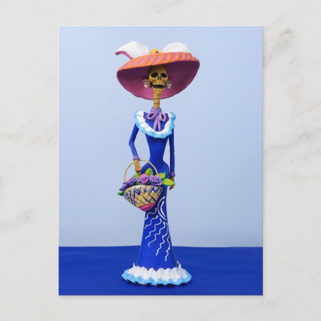 Carte Postale Catrina dans une robe bleue et un chapeau rose Car (Devant)