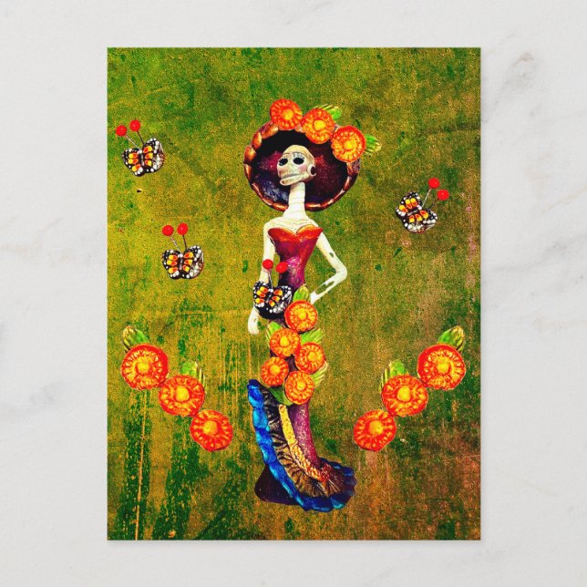 Carte Postale Catrina W/Casquette, Fleurs orange et Rouffes d'or (Devant)