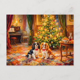 Carte Postale Cavalier Spaniels près de l'arbre de Noël