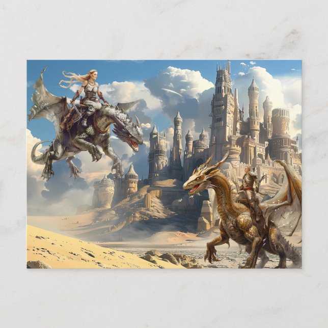 Carte Postale Cavaliers de dragon à l'aquarelle Fantastique (Devant)