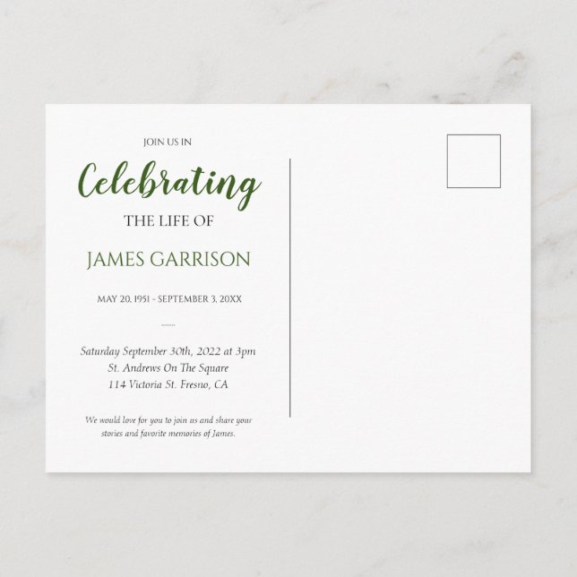 Carte Postale Célébration de la vie vert foncé avec faire-part d (Dos)