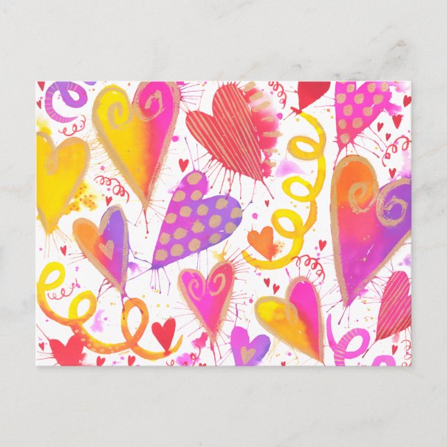 Carte Postale Célébration De L'Amour Aquarelle Coeurs (Devant)