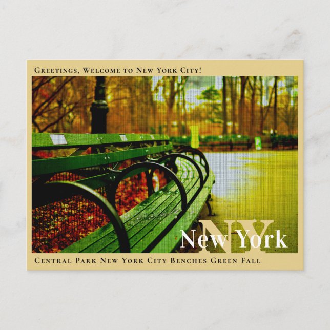 Carte Postale Central Park New York City Bancs Vert Automne (Devant)