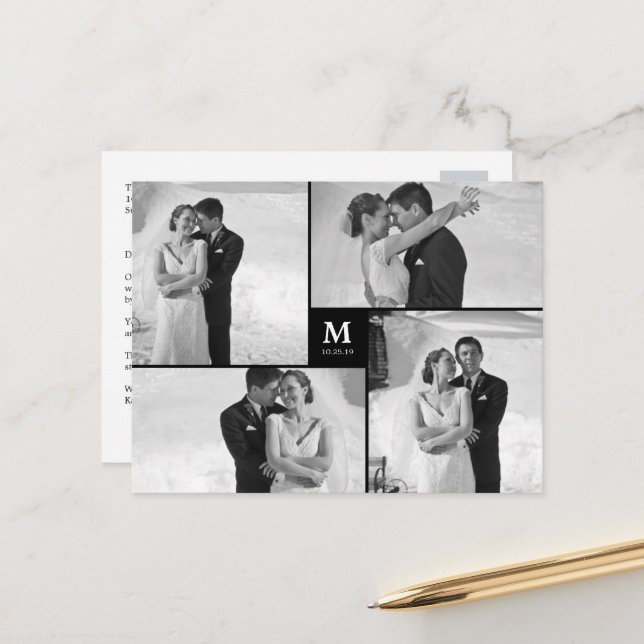 Carte Postale Centre Carré Monogramme Mariage Merci photo (Devant/Arrière en situation)