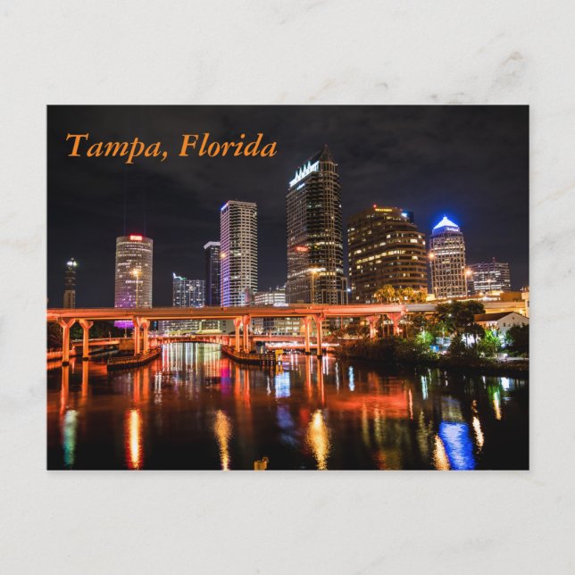 Carte Postale Centre-ville de Tampa, Floride par nuit (Devant)