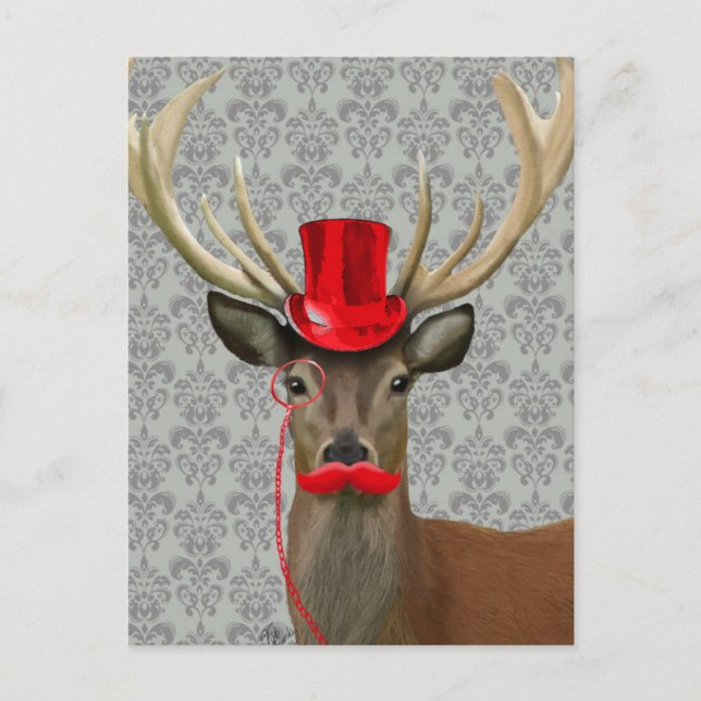 Carte Postale Cerf avec Casquette rouge et Moustache (Devant)