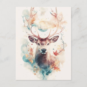 Carte Postale Cerf avec Feuille d'Automne et Lune Bleue