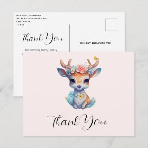 Carte Postale Cerf de Bébé mignon avec Antlers et Fleurs Merci