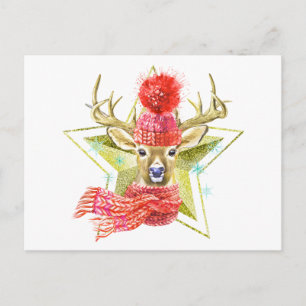 Carte Postale Cerf d'hiver aquarelle adorable étoile dorée