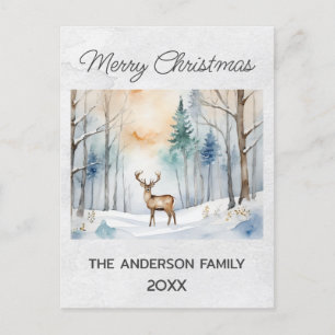 Carte Postale Cerf en forêt neigeuse Arbres de Noël Aquarelle