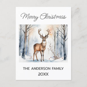 Carte Postale Cerf en forêt neigeuse Arbres de Noël Aquarelle