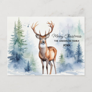 Carte Postale Cerf en forêt neigeuse Arbres de Noël Aquarelle