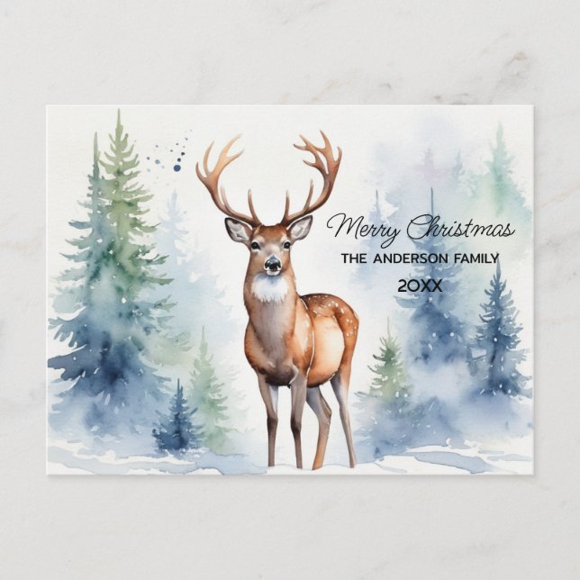 Carte Postale Cerf en forêt neigeuse Arbres de Noël Aquarelle (Devant)