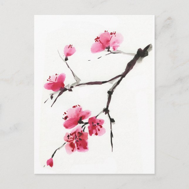 Carte Postale Cerise à fleurs. Fleur de printemps. Peinture à l' (Devant)