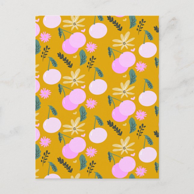Carte Postale Cerise Floral Vert Motif rose jaune (Devant)
