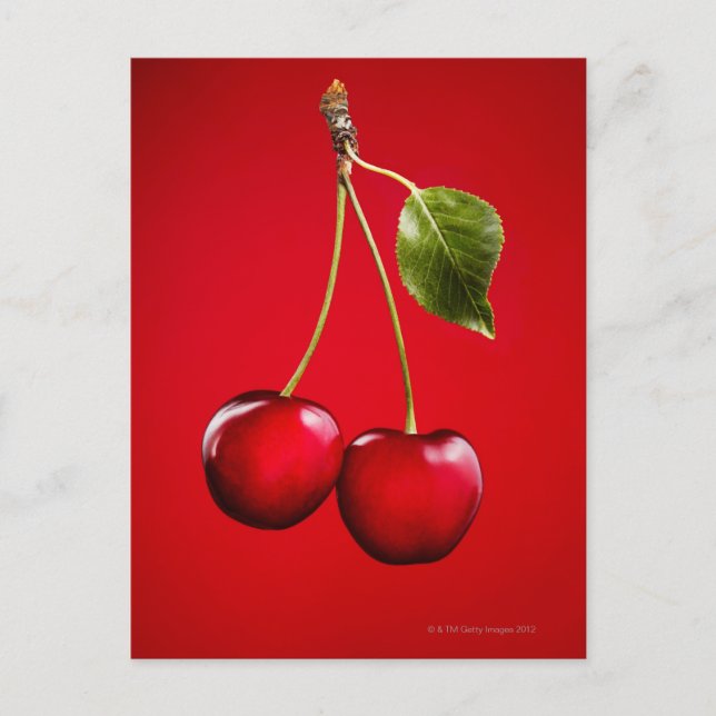 Carte Postale Cerises avec feuille sur Arrière - plan rouge (Devant)