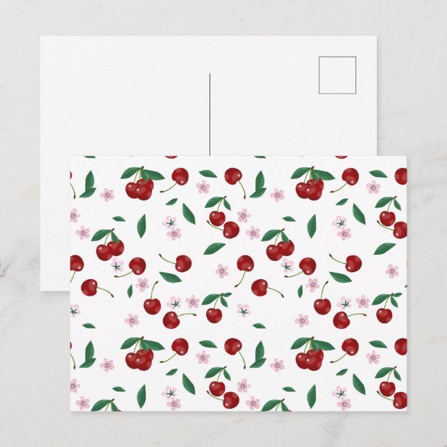 Carte Postale Cerises rouges botaniques Verdure & Fleurs de ceri (Devant / Derrière)