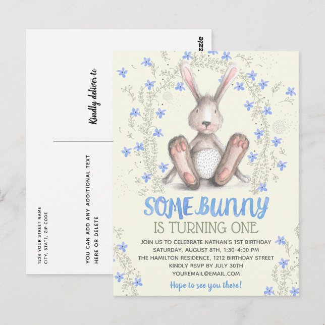 Carte Postale Certains Bunny Boys 1er Anniversaire Fête Invitati (Devant / Derrière)