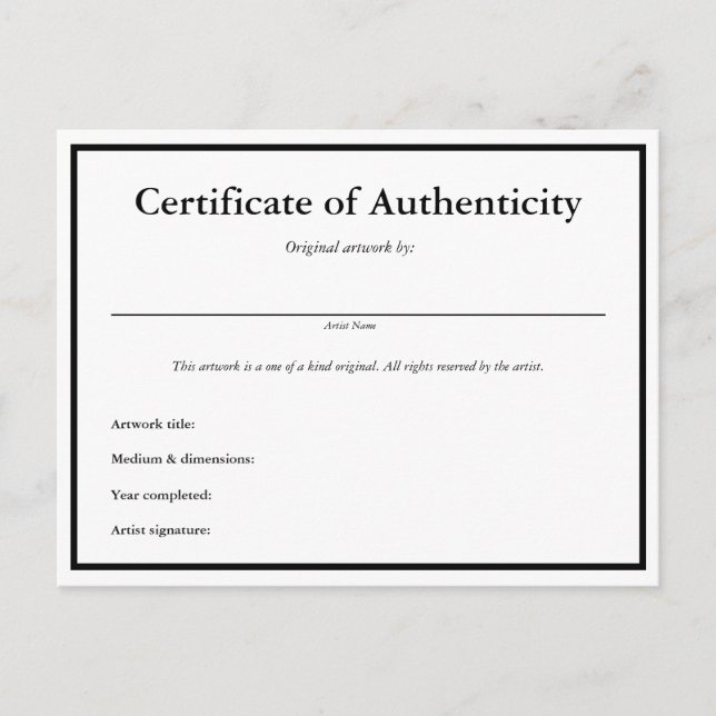 Carte Postale Certificat d'authenticité pour l'art (Devant)