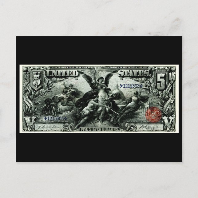 Carte Postale Certificat en argent de cinq dollars US 1896 (Devant)