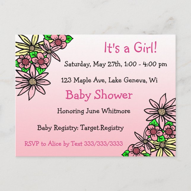 Carte Postale C'est un Baby shower géant rose floral (Devant)