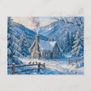 Carte Postale Chalet de montagne enneigé avec fumée et pins Pein