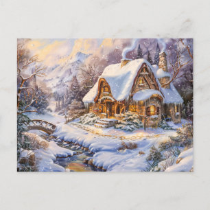 Carte Postale Chalet de montagne neigeux par ruisseau