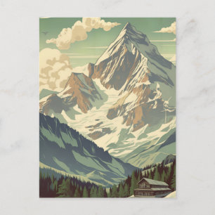 Carte Postale Chalet de ski de voyage en montagne vintage Hiver