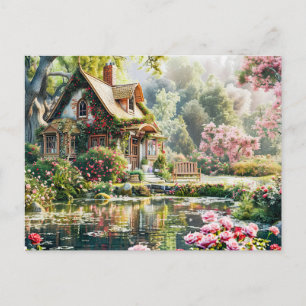 Carte Postale Chalet Whimsical avec Rhododendrons et Étang