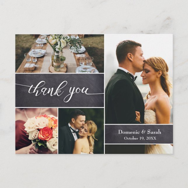 Carte Postale Chalkboard Mariage Merci photo collage rustique (Devant)