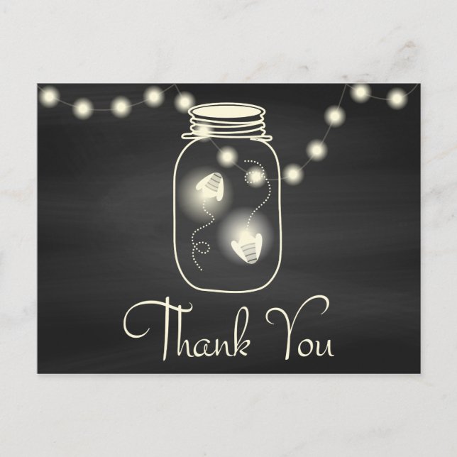 Carte Postale Chalkboard Mason Jar avec Fireflies Mariage Merci (Devant)